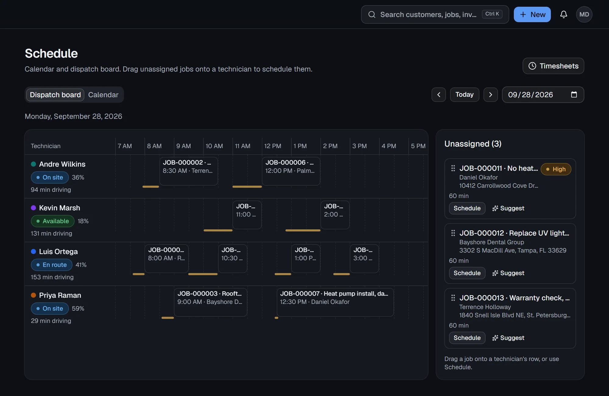 mydasOS dispatch board in dark mode: four technicians' days laid out on a timeline, with three unassigned jobs waiting on the right
