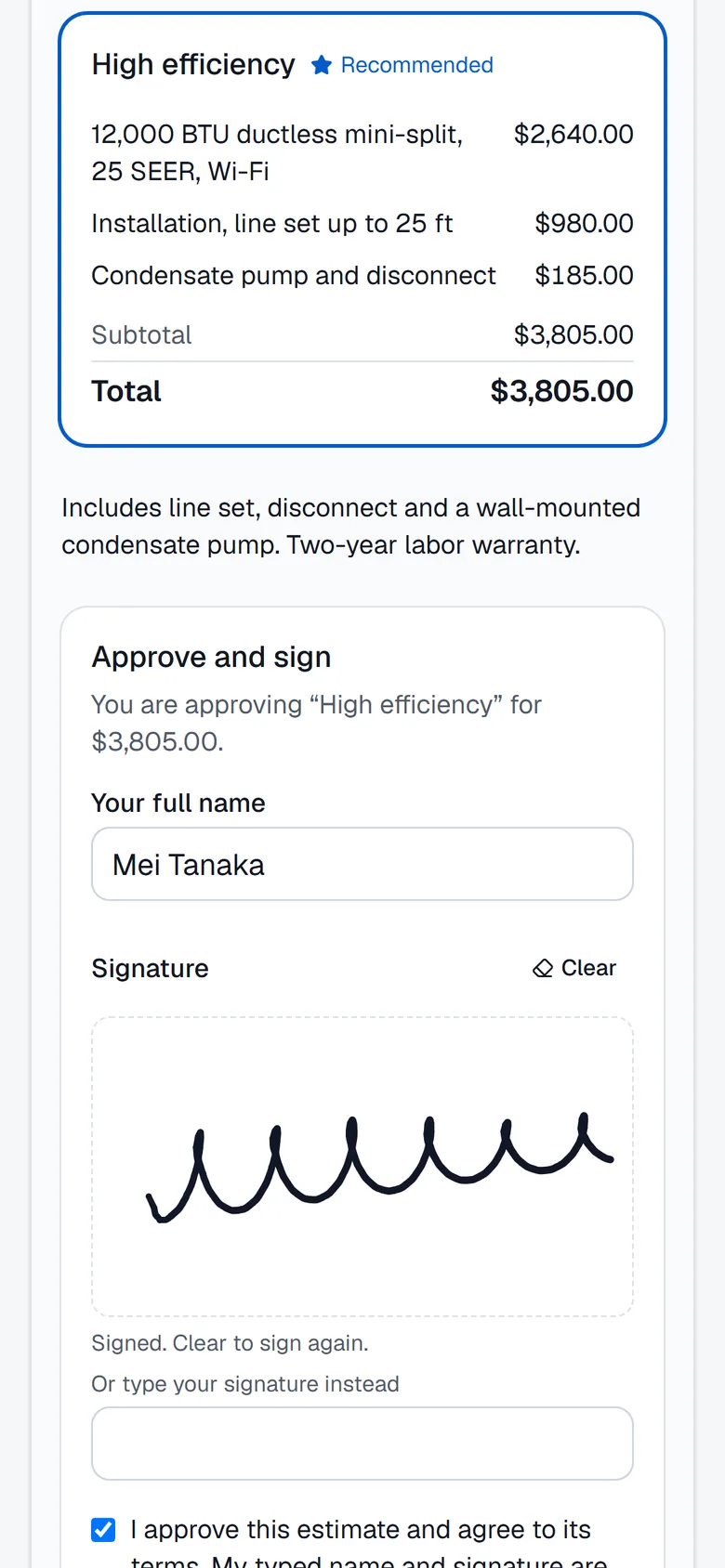 Customer approving a recommended estimate option and signing on their phone
