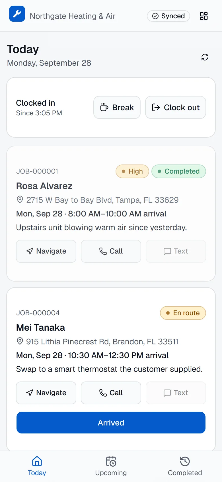 Technician field app: clocked in, with today's visits listed and Navigate, Call and Text buttons on each